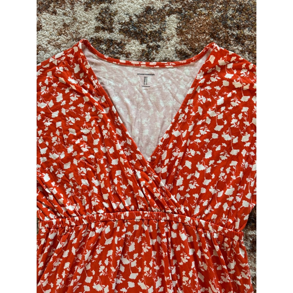 Amazon‎ Essentials Womens Orange Floral V-Neck Empire Waist Dress Size M NEW - Picture 3 of 12